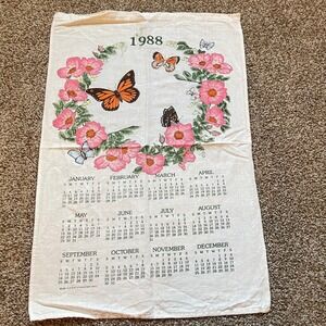 Vintage monarch butterfly garden mcm country flower Tea Dish Towel Calendar 1988